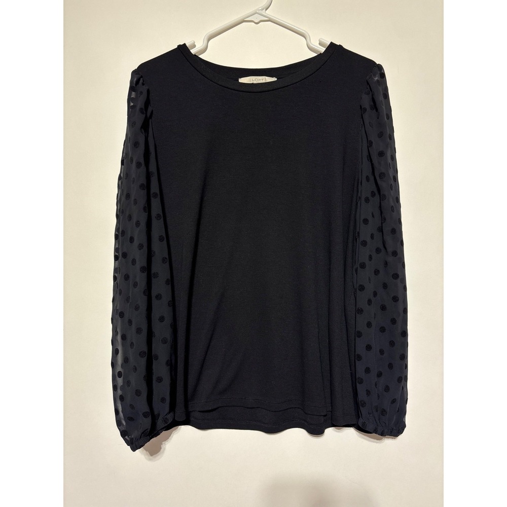 Loft Women Size XL Black Sheer Long Polka Dot Sleeve Shirt
